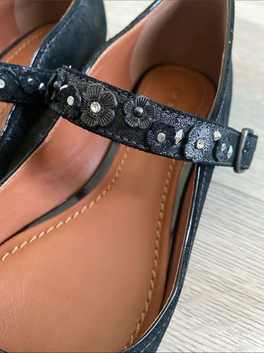 Coach Black Suede Mary Jane Flats with Embellished Strap - Picture 3 of 11
